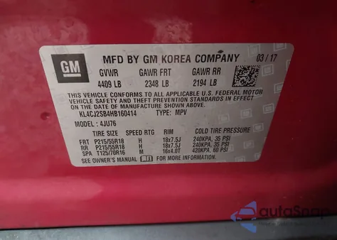 2017 Buick Encore Sport Touring z USA, uszkodzony, nr VIN KL4CJ2SB4HB160414